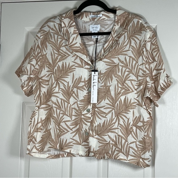 Nicole Miller 100% Linen Tropical Leaf Button-Down Shirt - White and Brown - Picture 1 of 4